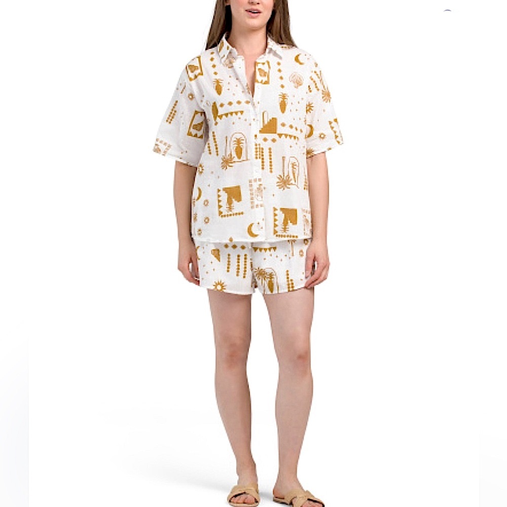 New! 🤍🧡✨BY FRANKIE tan and White Cotton Sun Vase Print Shorts Set size S